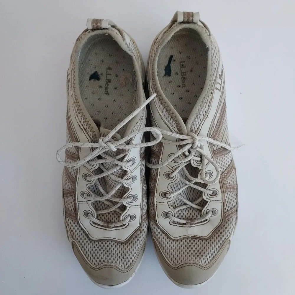 LLBean‎ Womens Athletic Shoes Tan Cream Mesh Lace Up Low Top Sneakers Size 8